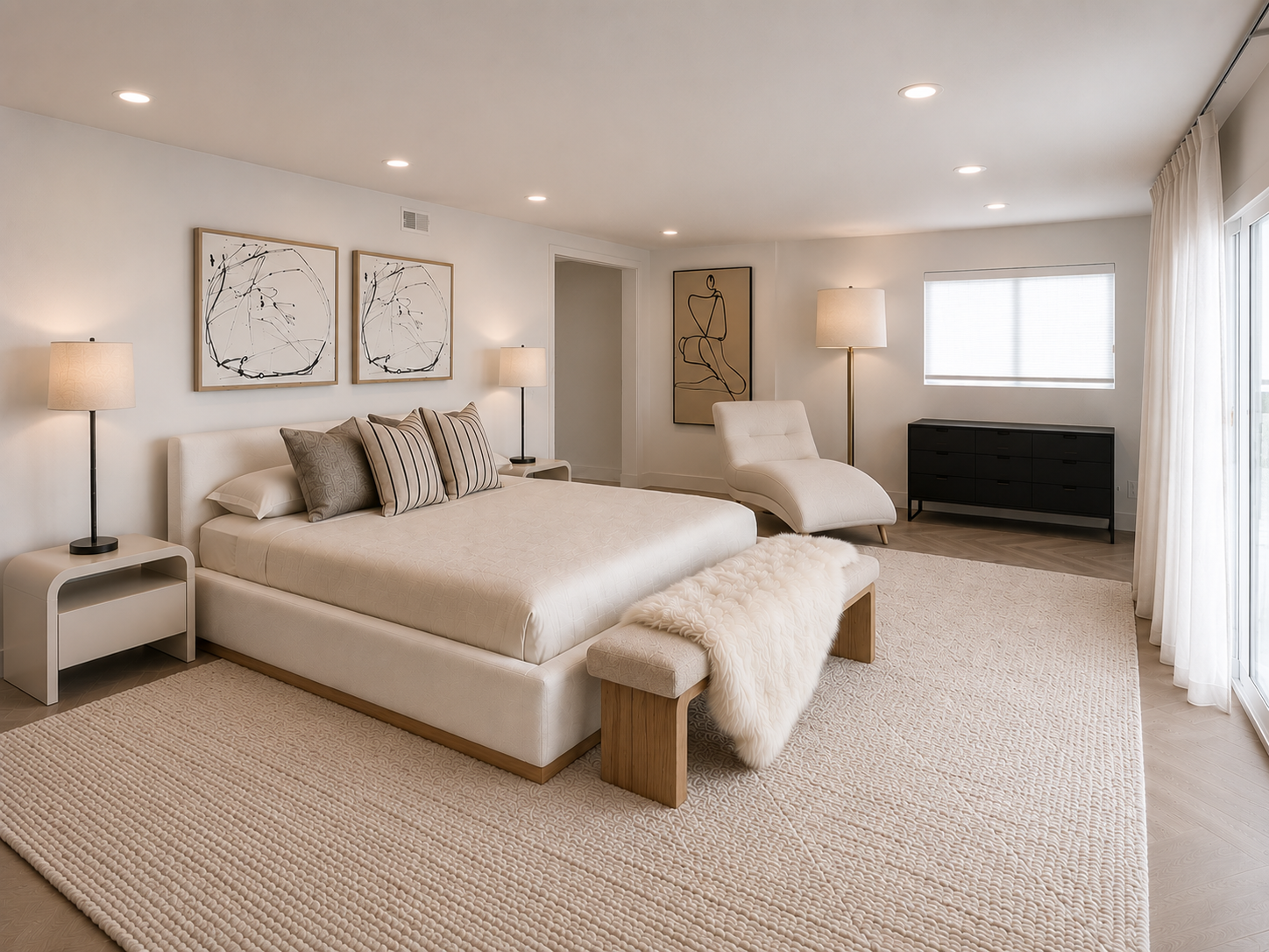 Primary bedroom with all-cream palette, abstract art diptych, and soft natural light