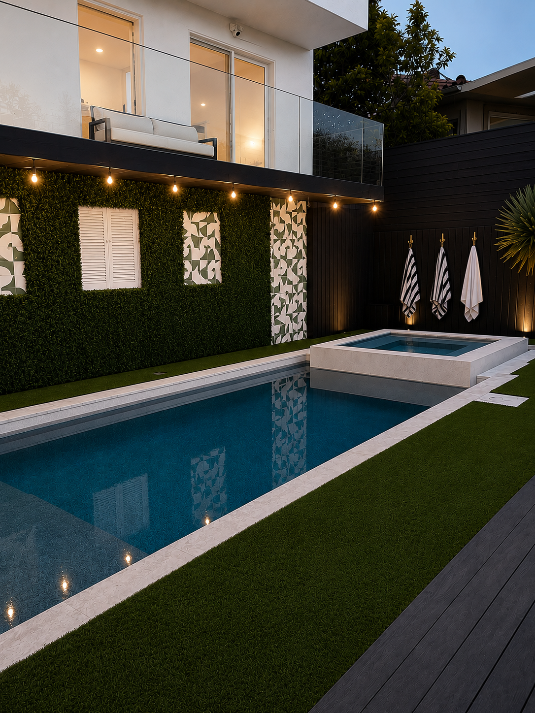 Pool and spa at dusk with string lights, geometric tile wall, and upper balcony