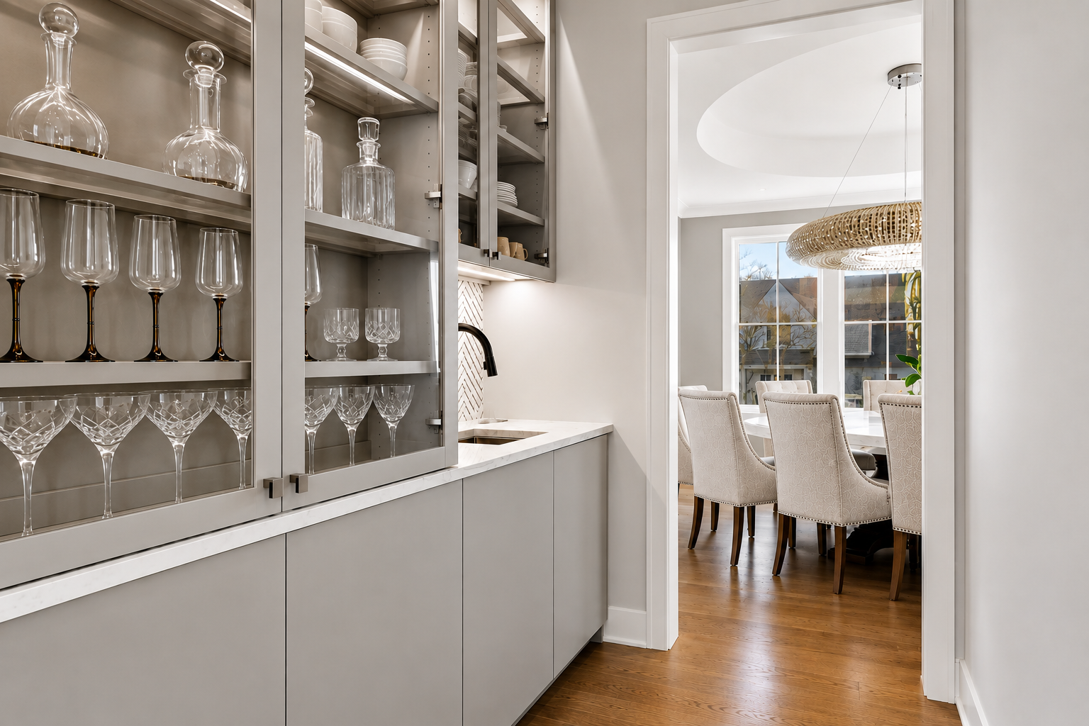 Butler kitchen with custom cabinetry and refined finishes connecting to the main kitchen and dining