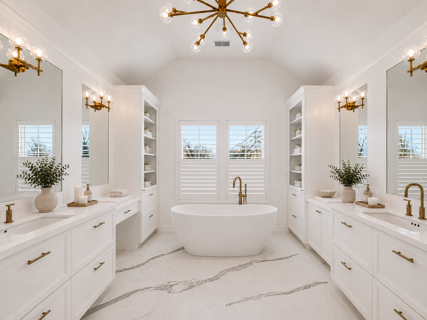 Primary bathroom with symmetrical dual vanities, freestanding soaking tub, brass fixtures, and marble tile floors