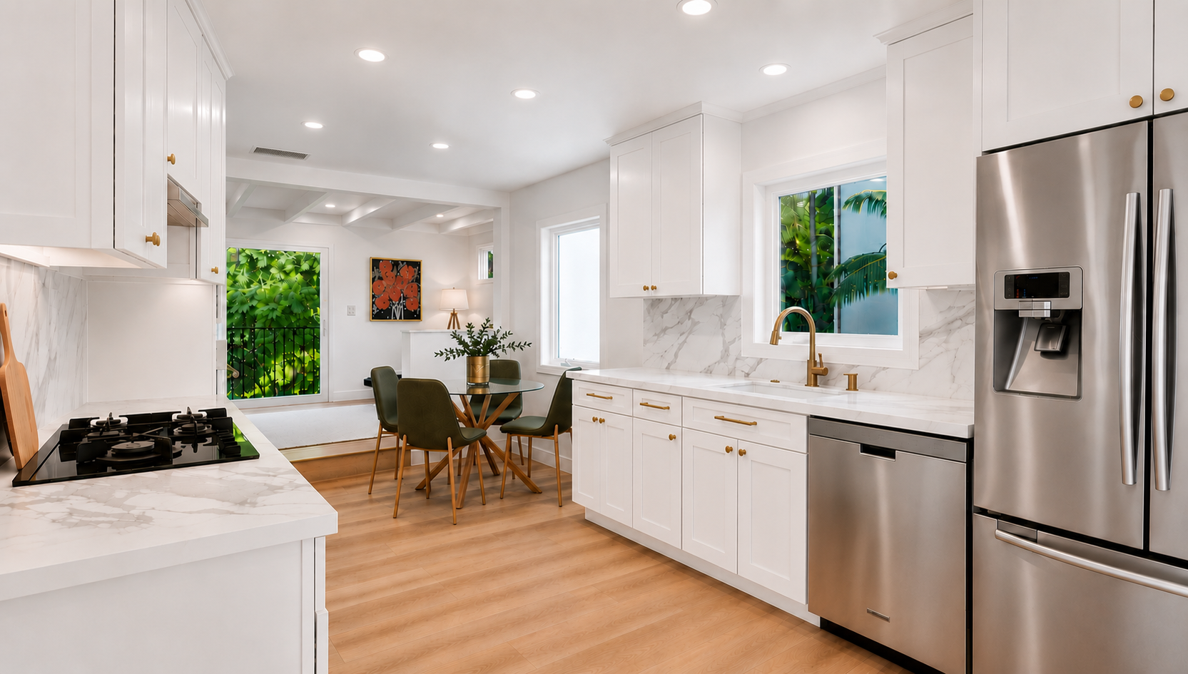Modernized kitchen with white cabinetry, new countertops, brass hardware, and green botanical art — a nod to Spanish color tradition