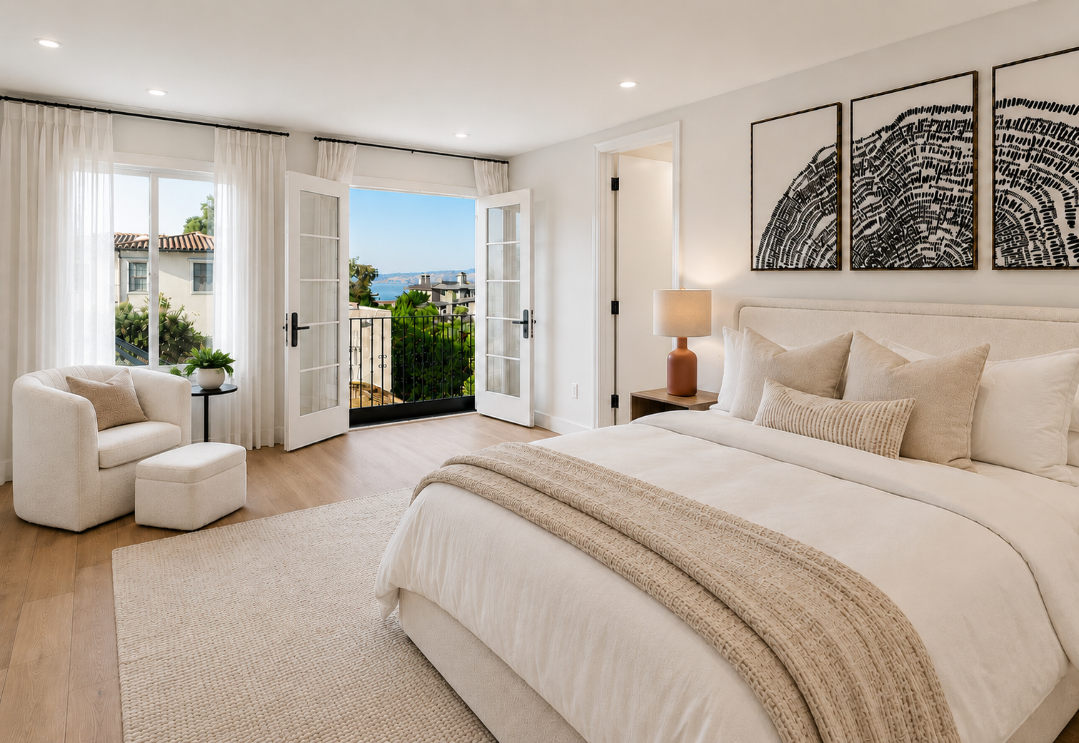 Primary bedroom with French doors opening to a bay-view balcony, upholstered headboard, and wide-plank oak floors