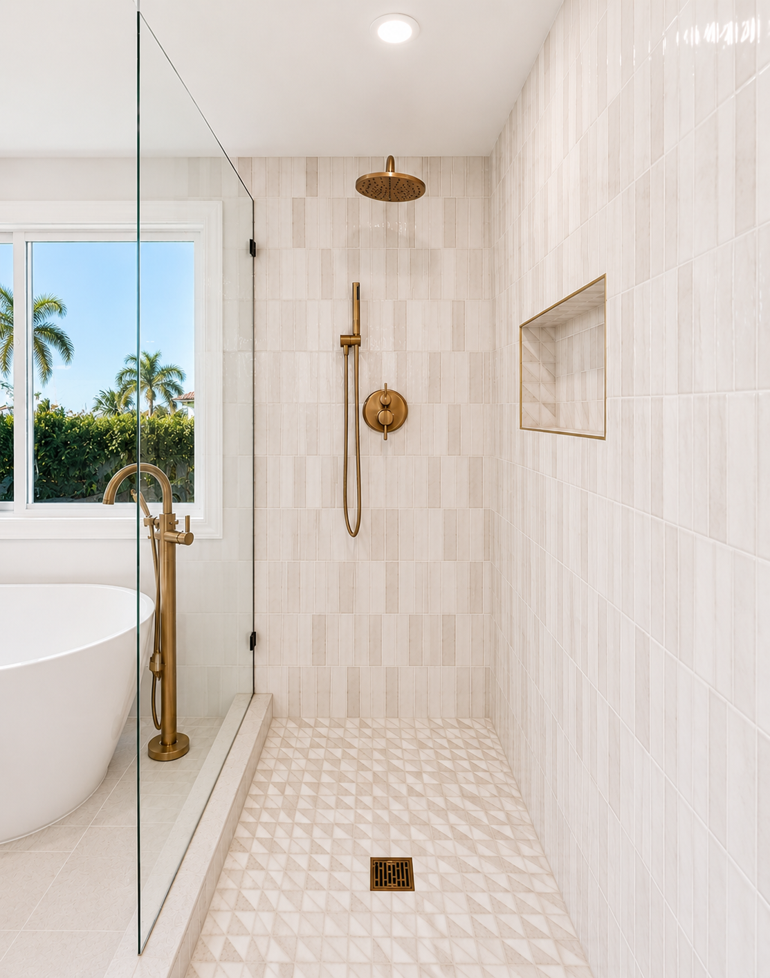 Primary bathroom walk-in shower with geometric tile, brass rain head and hand shower, and freestanding soaking tub alongside