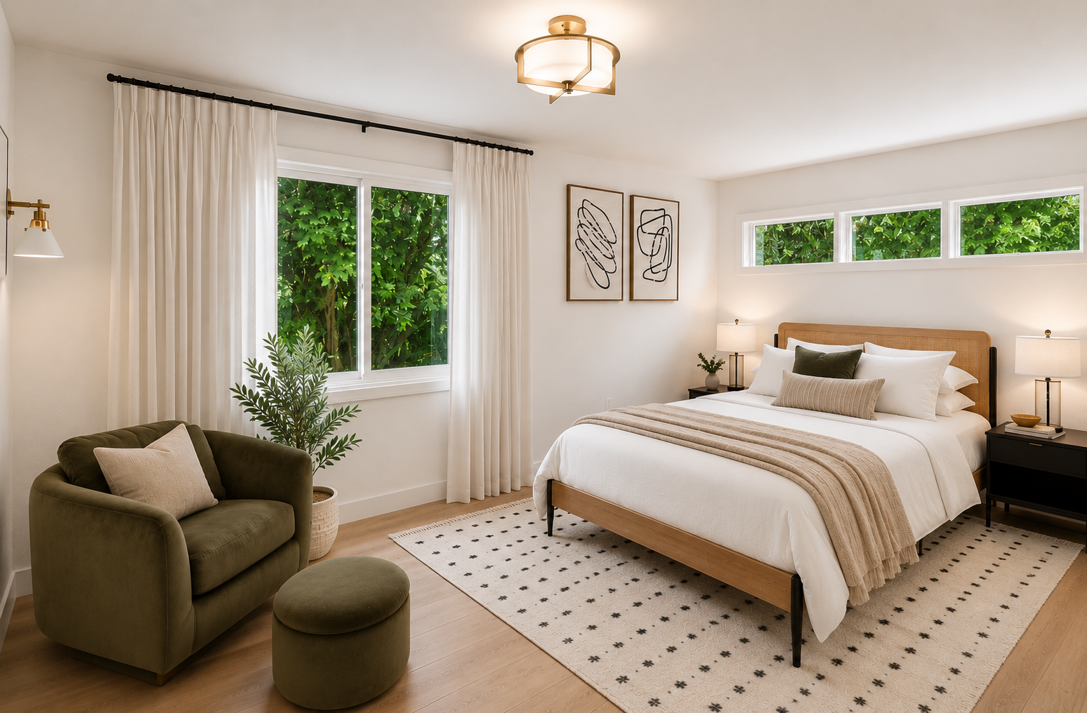 Secondary bedroom with rattan bed frame, olive green armchair, new windows overlooking garden, and wide-plank oak floors