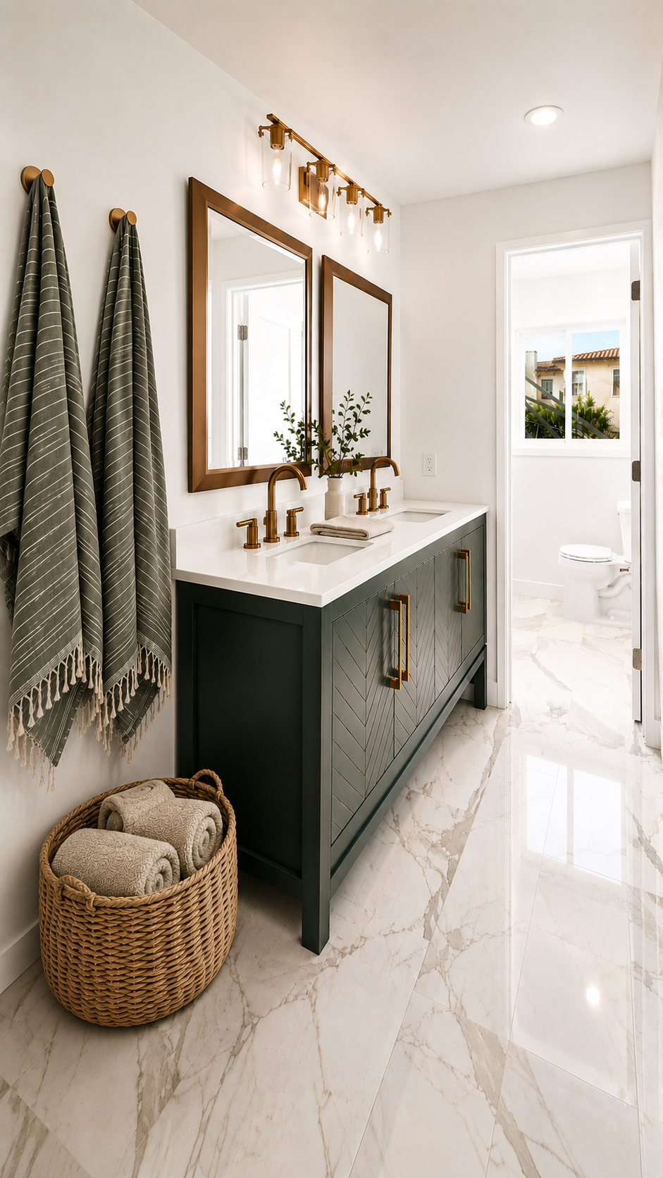 Secondary bathroom with deep green vanity, brass fixtures, dual mirrors, and polished marble tile floors